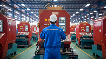 Optimizing Efficiency in Industrial Manufacturing: A Factory Worker Skillfully Operates a Complex Multi-Arm Machine with Safety and Precision