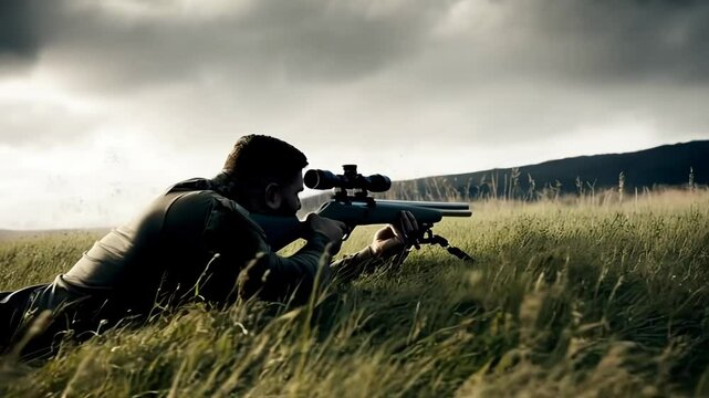 Precision shooting in the amber waves of grass during a dramatic twilight moment