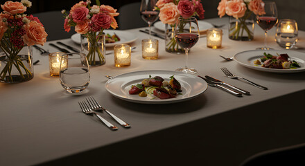 Fototapeta premium Elegant Dinner Table Featuring A Curated Chef?s Special Presentation