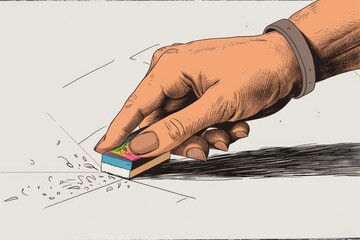 Detailed close-up of a hand using a vibrant eraser to remove pencil marks on paper, highlighting the precision of correction and creativity in everyday actions with colorful eraser