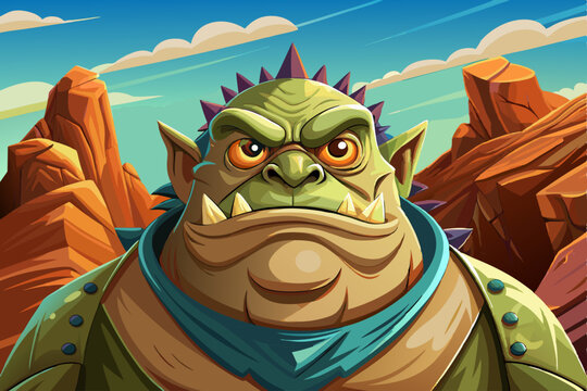 comic fat monster character portrait on mysterious land under a strange colored sky, game banner