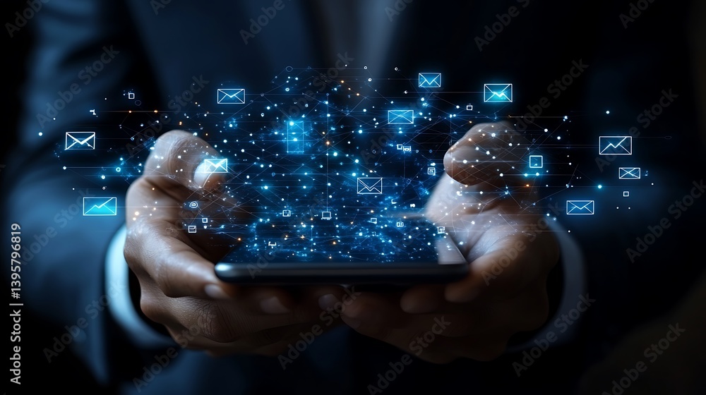Poster person holding a smartphone displaying network of digital connections and data flow for communicatio