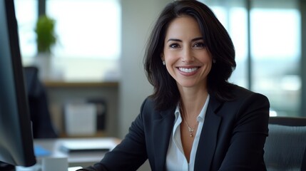 Obraz premium Professional woman smiling at desk in modern office during daytime, exuding confidence and approachability