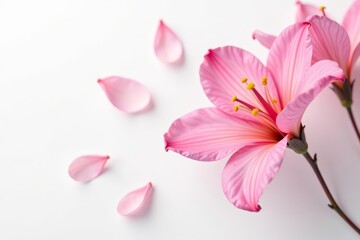 Fototapeta premium Delicate pink flower petals gracefully soaring in the air on white, flower, petals, air