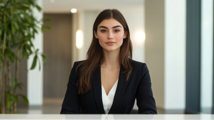 Professional young woman poses confidently in modern office environment, showcasing poise and ambition during a business meeting
