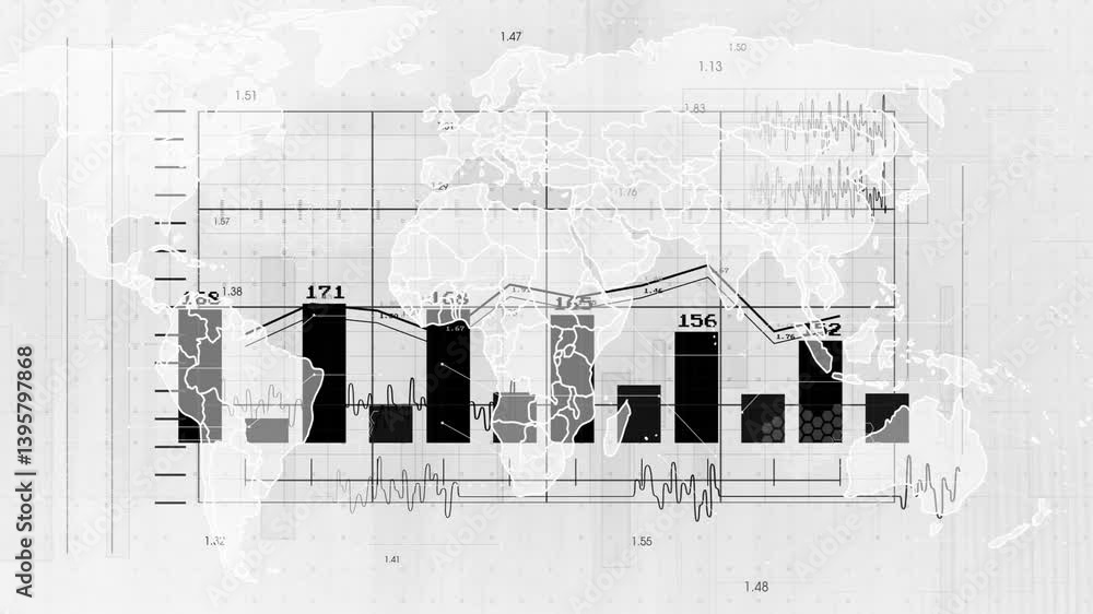 Poster animation of bar and line graphs displaying global financial trends on world map