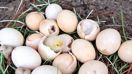 Easter eggs and chicks in the grass. Happy easter!