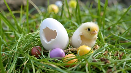 Easter eggs and chicks in the grass. Happy easter!