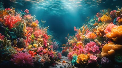 Naklejka premium Vibrant Coral Reef Ecosystem Underwater Scene with Abundant Marine Life