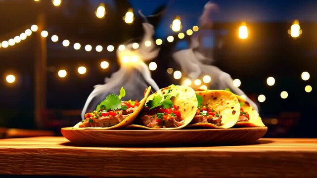 Enjoying delicious tacos with vibrant flavors under twinkling lights at a lively outdoor gathering
