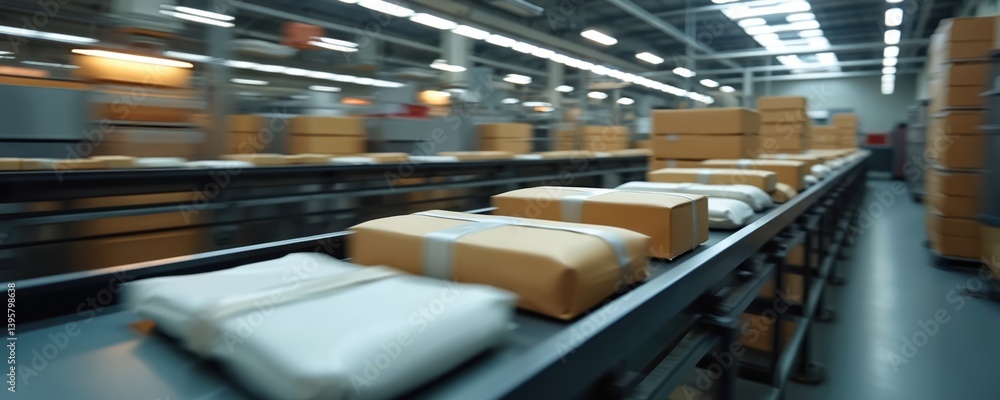 Poster illustration shows fast-moving conveyor belt in modern factory. industrial production line transport