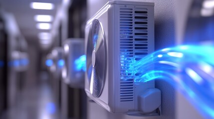 Fototapeta premium Wall-mounted air conditioner units connected by glowing lines