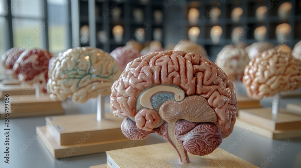 Poster multiple anatomical brain models on display, showcasing intricate details of the human brain's struc