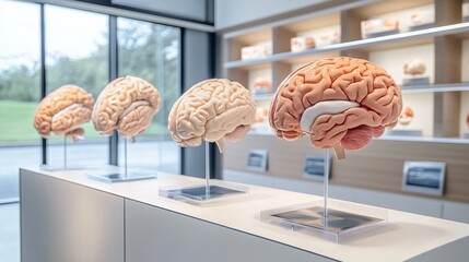 Four anatomical brain models displayed on a white counter in a modern, bright room.
