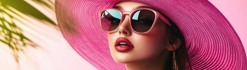 Stylish woman in a vibrant pink hat and sunglasses