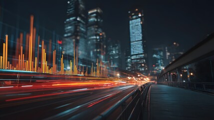 Fototapeta premium Cityscape at night with blurred car lights and illuminated skyscrapers.