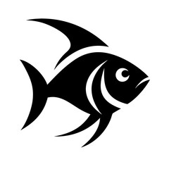 A cartoon vector illustration depicts a swimming shark, a marine animal icon from the sea