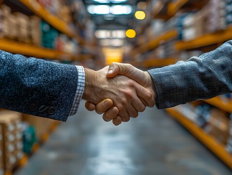 Business executives shaking hands in a wholesale office setting