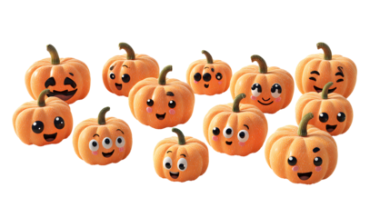 Delightful group of emotive pumpkins showcasing playful expressions on dark backdrop