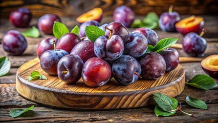 Fototapeta premium Fresh Plums on Rustic Wooden Board - High-Resolution Stock Photo