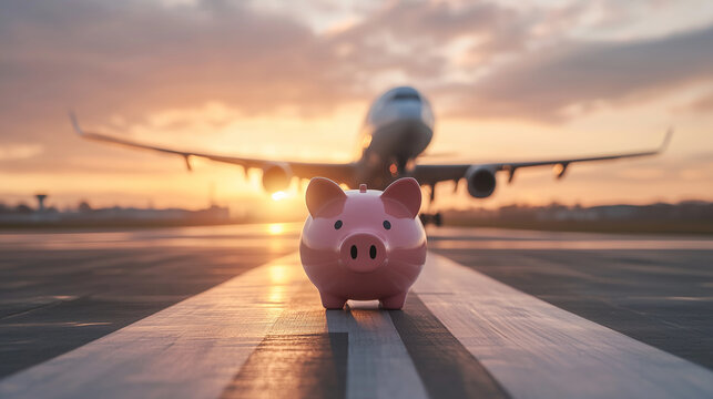 A piggy bank runway guiding a plane taking off, visualizing bonus accumulation and ticket savings