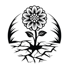 Black and White Circular Flower over Cracked Ground, Blossom Silhouette, Monochrome Art