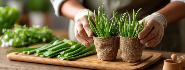 Woman carefully trims an aloe vera plant in a serene indoor environment filled with potted greenery
