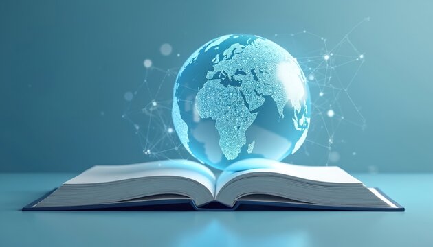 Futuristic concept global education with open book, planet map on blue background. Digital earth, study, learning, online access information. Education, technology, global communication, digital