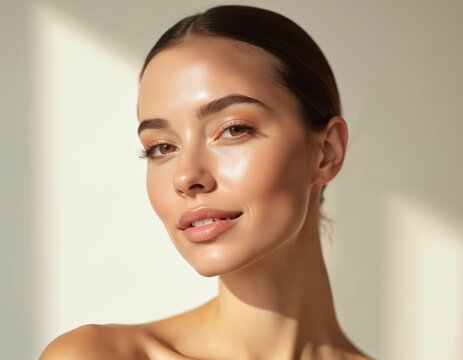 Beautiful young woman with healthy clean skin smiling. Natural makeup, perfect face features, fresh face in sunlight. Wellness, beauty, skincare, beauty salon or spa concept.