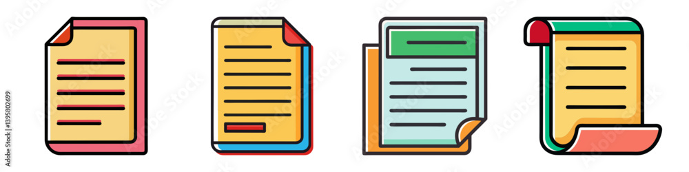 Poster Collection of Colorful Document Icons Showing Various Paper Formats and Styles
