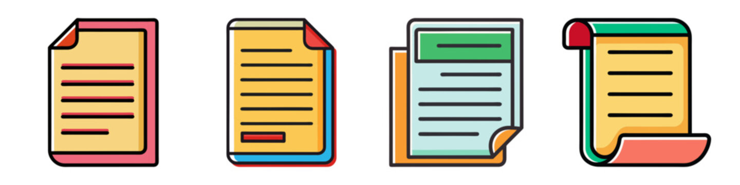 Collection of Colorful Document Icons Showing Various Paper Formats and Styles