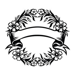 Black and White Flower with Ribbon Banner Design, Floral Border Element