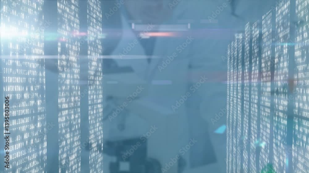 Poster animation of digital code streaming over scientists working in laboratory setting
