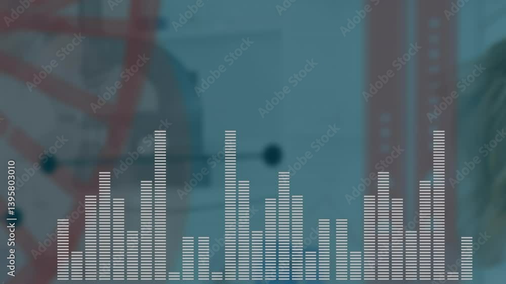 Poster audio equalizer bars animation over blurred background with abstract shapes