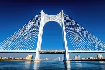 Obraz premium Modern cable-stayed bridge spans waterway under clear sky