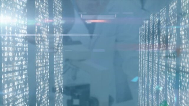 Animation of digital code streaming over scientists working in laboratory setting