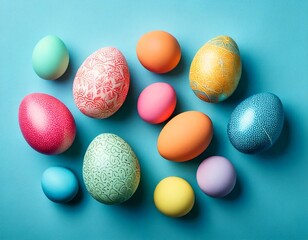 
Huevos de Pascua decorativos coloridos dispuestos sobre un fondo azul pastel suave para una temática festiva.