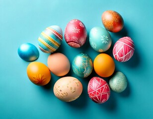 Obraz premium Huevos de Pascua decorativos coloridos dispuestos sobre un fondo azul pastel suave para una temática festiva.