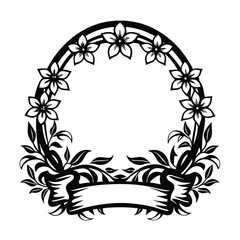 Black floral arch with foliage, ribbon banner, botanical design element on white