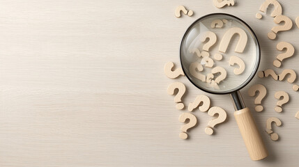Magnifying glass over scattered question marks, symbolizing search for answers