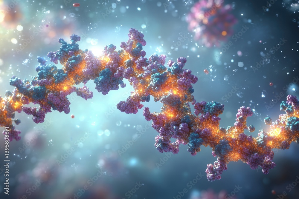 Poster intricate molecular structure illuminated by glowing particles in a dynamic environment