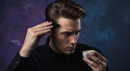 Man styling his hair with comb and holding product against a dark backdrop