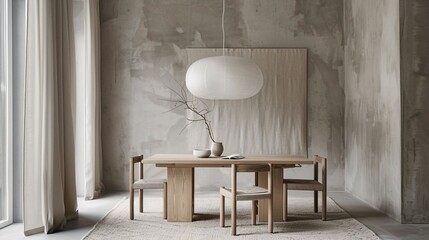 Minimalist Dining Room Background with Natural Wood Furniture and Soft Lighting