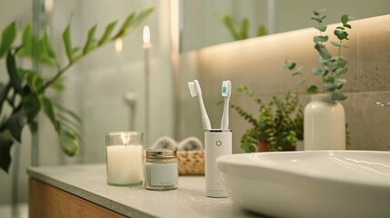 Fototapeta premium Modern Bathroom Background with Electric Toothbrush and Soft Lighting