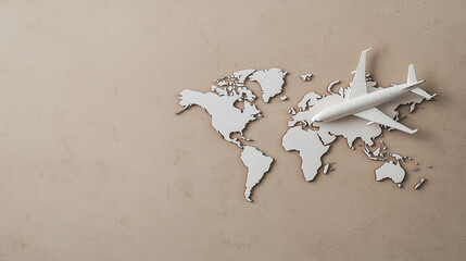 Airplane sketch with trail forming world map lines, aviation navigation concept