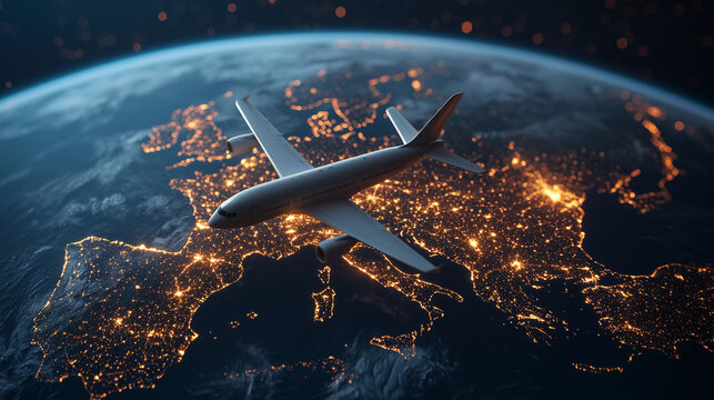 Dotted flight path looping from tiny airplane over globe, travel planning visual