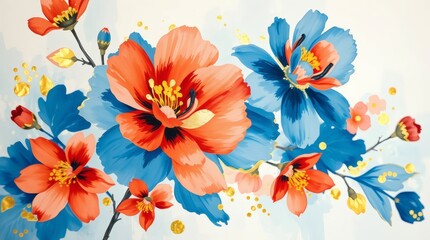 Colorful floral painting with blue and orange flowers on a light background Generative AI