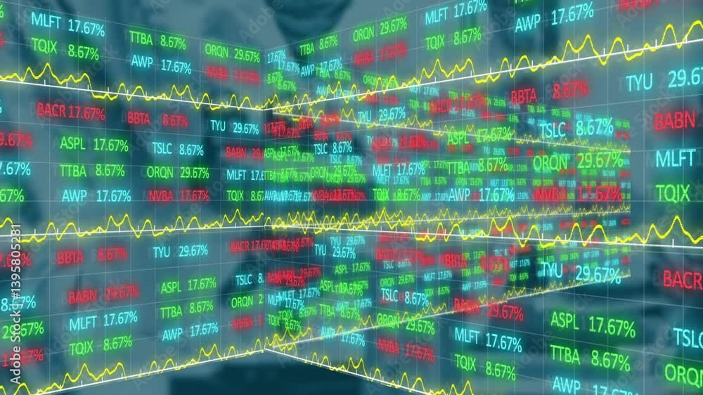 Poster fluctuating stock market graphs with colorful ticker symbols on animation display