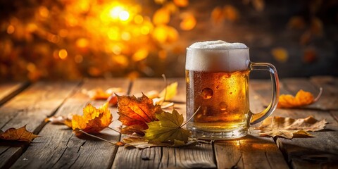 Frosty Beer Mug on Wooden Table, Autumn Leaves, Oktoberfest