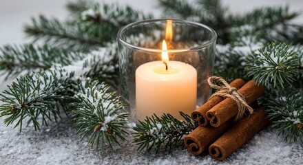 Christmas candle surrounded by cinnamon and pine branches  